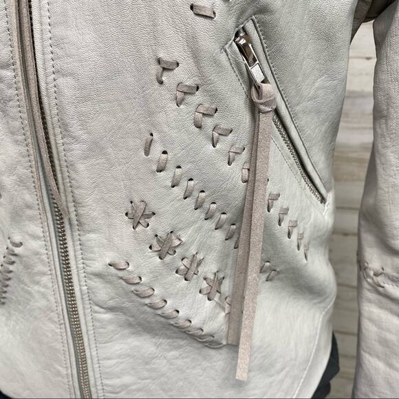 BlankNYC Moto Faux Leather Jacket Womens Size M Gray Lacing Fringe Zip Front - Picture 5 of 16